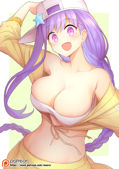 1girl :d arm_up bandeau bare_shoulders bb_(fate/extra_ccc) braid breasts collarbone eyebrows_visible_through_hair fate/grand_order fate_(series) flat_cap hat large_breasts long_hair navel nishino_(waero) open_mouth patreon_logo patreon_username sideways_hat simple_background smile solo star stomach upper_body very_long_hair violet_eyes white_hat