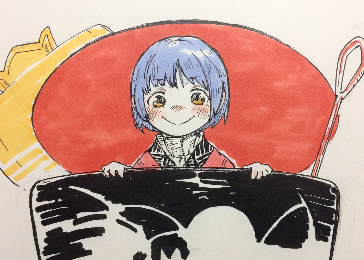 1girl bangs blue_hair cup drinking_glass eyebrows_visible_through_hair in_container in_cup looking_at_viewer minigirl miracle_mallet misohagi short_hair smile solo sukuna_shinmyoumaru teacup touhou traditional_media yellow_eyes