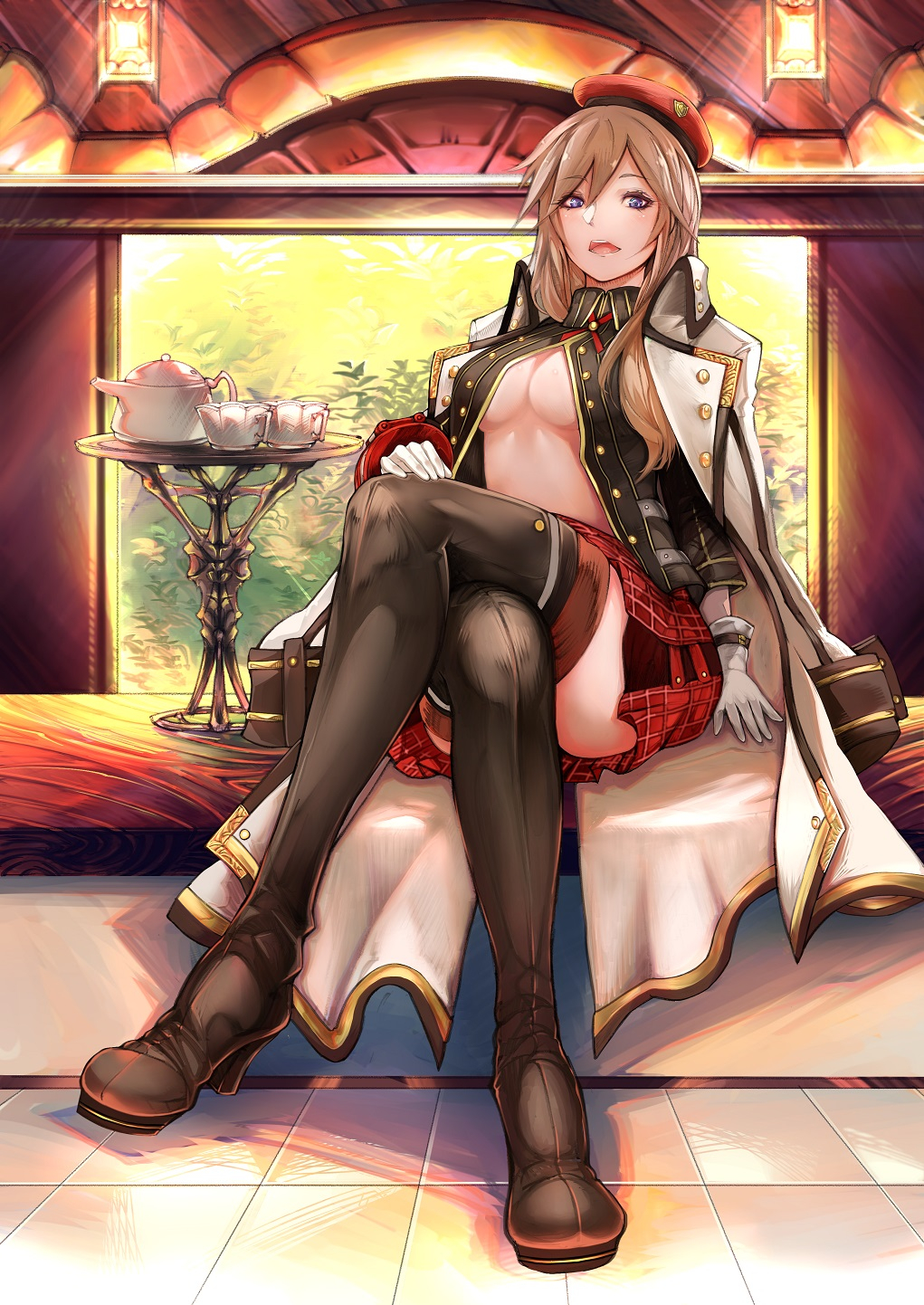 1girl alisa_ilinichina_amiella black_footwear blue_eyes boots breasts brown_hair cabbie_hat collared_shirt cup gloves god_eater god_eater_2:_rage_burst god_eater_burst hat highres jacket_on_shoulders legs_crossed long_sleeves masayoshi painting_(object) plaid plaid_skirt shirt skirt smile solo suspenders teacup teapot thigh-highs thigh_boots thighs under_boob white_gloves