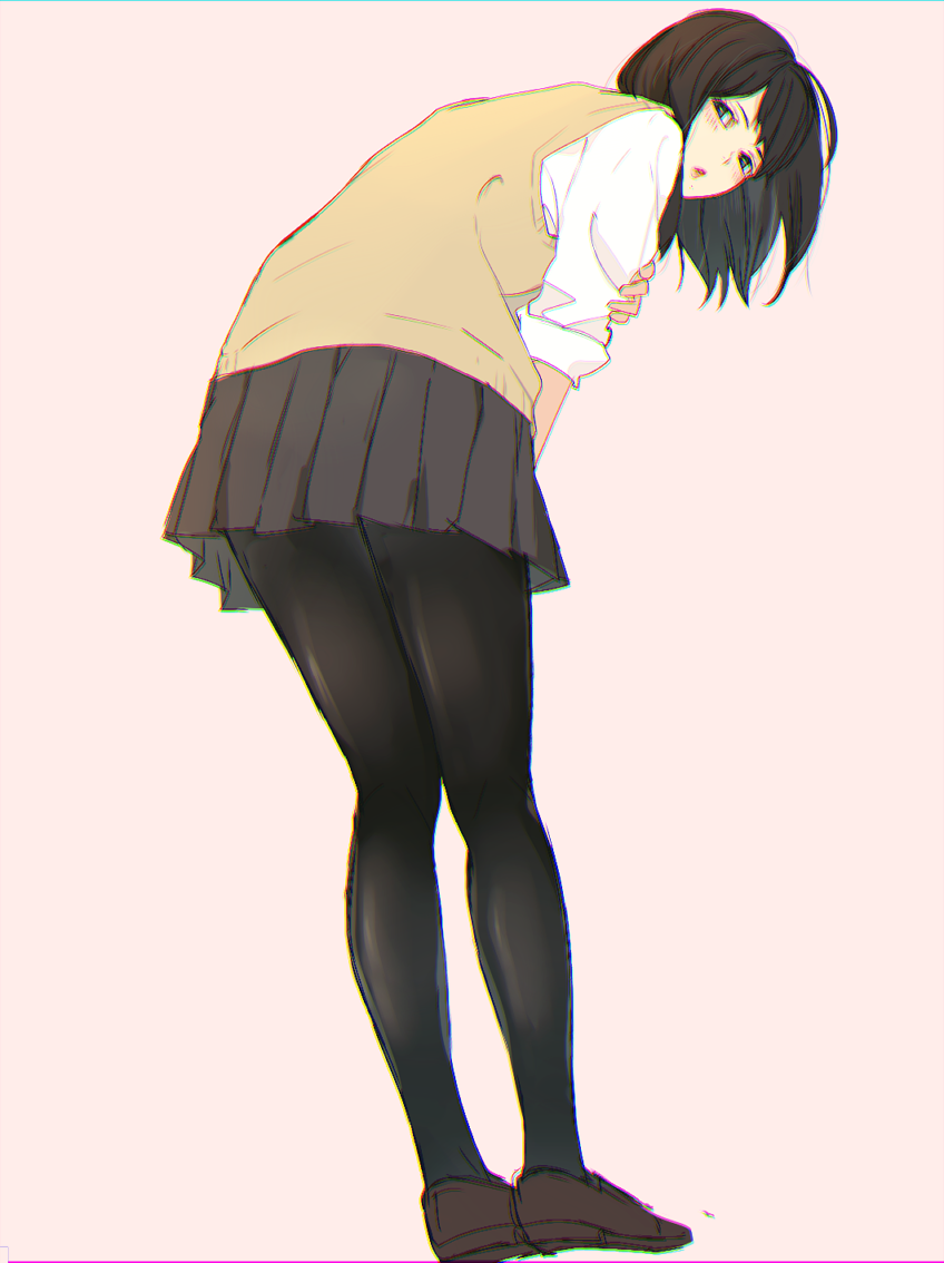 black_eyes black_hair black_legwear black_skirt brown_footwear brown_vest ebi_(eeemimn) eyewear_removed full_body haikyuu!! hand_on_own_arm leaning_over long_hair pantyhose pink_background school_uniform shimizu_kiyoko simple_background sketch skirt sleeves_rolled_up standing sweater_vest vest