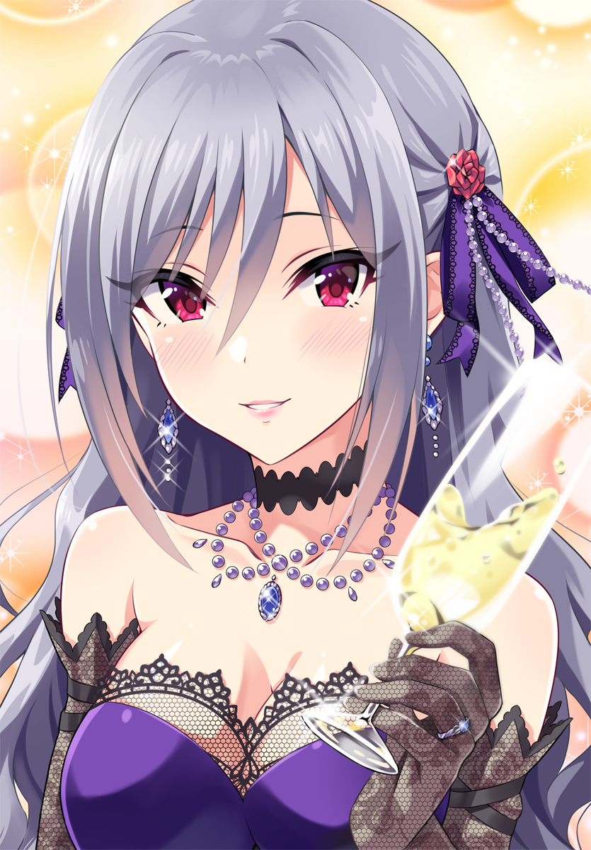 1girl bare_shoulders blush breasts champagne_flute cleavage collarbone commentary_request cup dress drink drinking_glass earrings elbow_gloves floral_print glint gloves highres holding holding_drinking_glass idolmaster idolmaster_cinderella_girls jewelry kanzaki_ranko lace lace_gloves long_hair medium_breasts necklace parted_lips pearl_necklace pendant print_gloves purple_dress red_eyes ring rose_print sidelocks silver_hair smile solo strapless strapless_dress urabi_(tomatohouse)