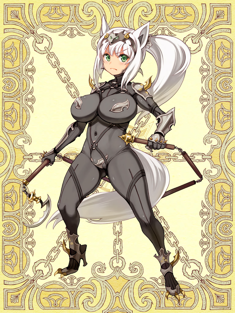 1girl animal_ears bodysuit breasts covered_navel crotch_plate full_body furrowed_eyebrows green_eyes hairband headdress high_heels holding holding_weapon kerberos_blade large_breasts long_hair o-ring official_art ponytail ryoji_(nomura_ryouji) skin_tight solo standing tail turtleneck weapon white_hair