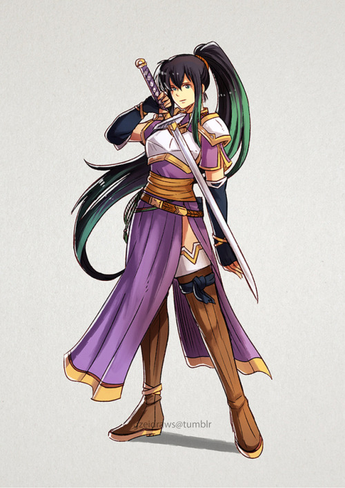 1girl aira_(fire_emblem) dress fire_emblem fire_emblem:_rekka_no_ken fire_emblem:_seisen_no_keifu fire_emblem_heroes green_background green_eyes holding holding_sword holding_weapon long_hair looking_at_viewer lyndis_(fire_emblem) multicolored_hair ponytail simple_background smile solo sword two-tone_hair warrior weapon