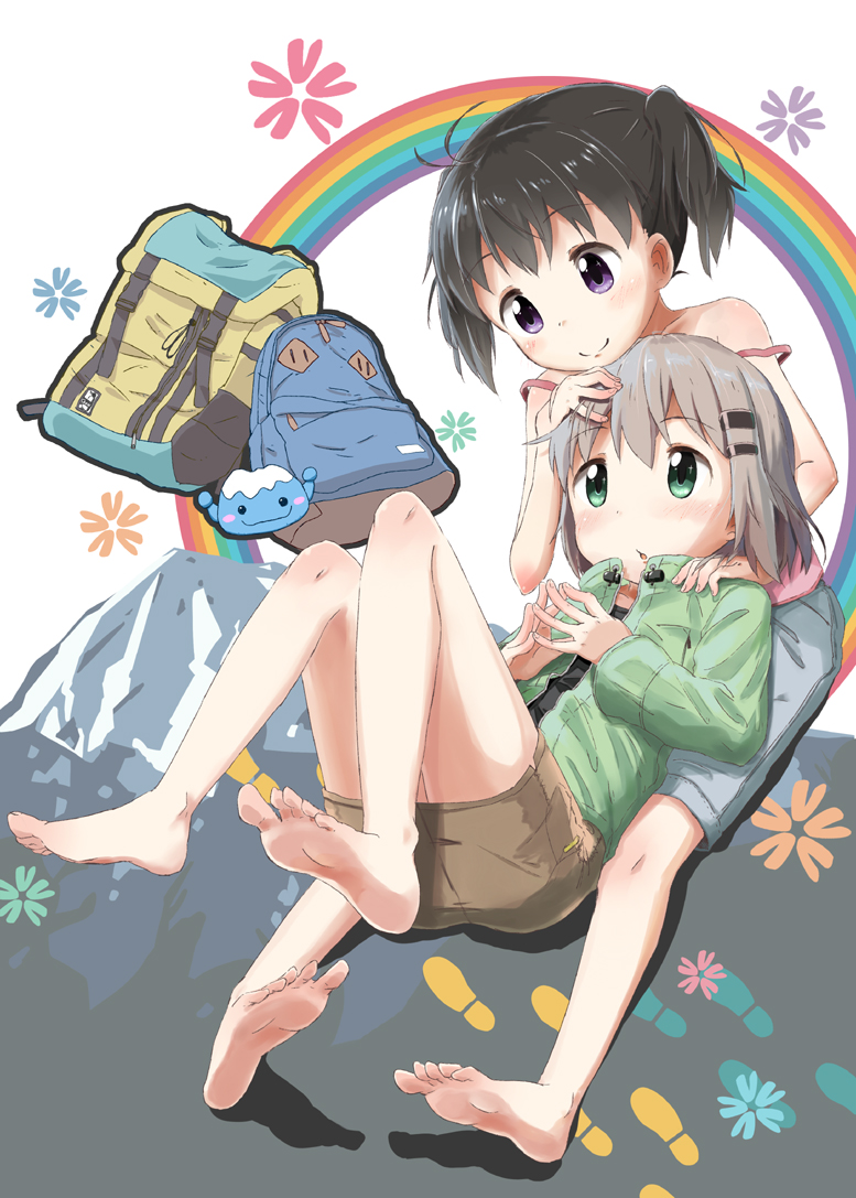 2girls ashida_ichirou backpack bag bare_shoulders barefoot black_hair blue_shorts blush brown_hair camisole closed_mouth eyebrows_visible_through_hair footprints green_eyes green_jacket hair_ornament hairclip hand_on_another's_head jacket kuraue_hinata long_sleeves lying mountain multiple_girls on_back open_clothes open_jacket parted_lips rainbow short_hair short_twintails shorts silhouette sitting smile steepled_fingers strap_slip twintails violet_eyes yama_no_susume yukimura_aoi