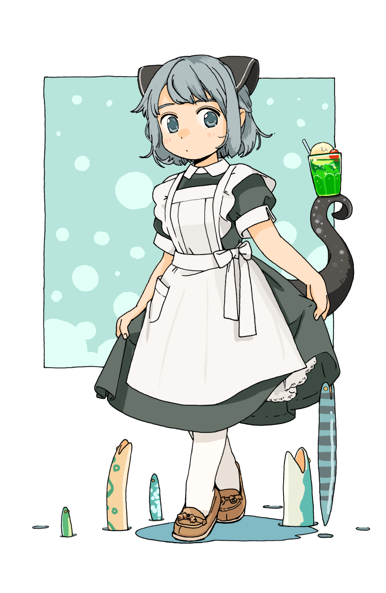 1girl akai_sashimi apron bangs black_dress black_ribbon border brown_footwear bubble cherry closed_mouth collared_dress cup dress drink drinking_glass drinking_straw expressionless eyebrows food frilled_apron frills fruit full_body grey_eyes grey_hair hair_ornament hair_ribbon highres ice_cream ice_cream_float loafers looking_at_viewer maid maid_apron melon_soda original outside_border pocket puddle puffy_short_sleeves puffy_sleeves ribbon shoes short_hair short_sleeves skirt_hold sleeve_cuffs swept_bangs tareme tassel tentacle walking white_apron white_legwear white_ribbon