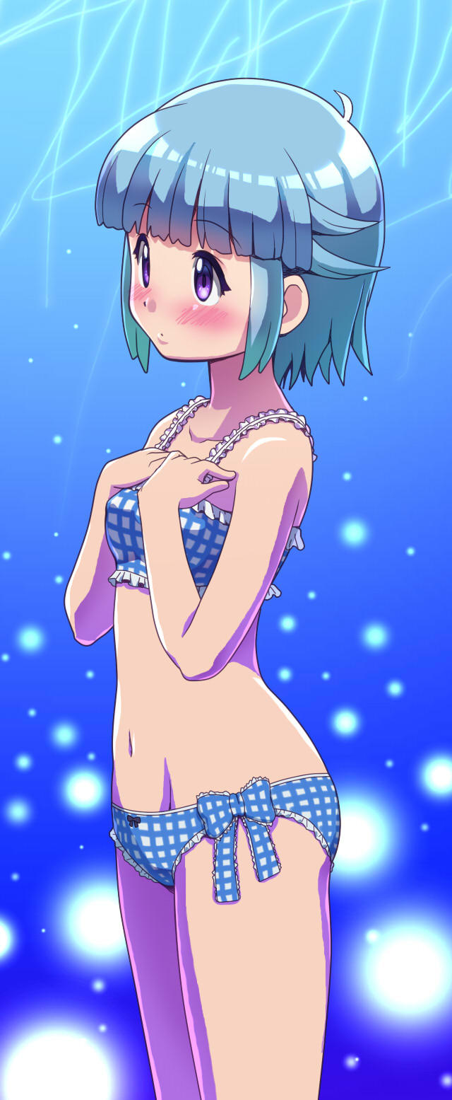 1girl awa bangs bikini blue_background blue_hair blush bow bow_panties bra breasts closed_mouth commentary_request cowboy_shot eyebrows_visible_through_hair frilled_bra frilled_panties frills hands_on_own_chest highres keroro_gunsou light_frown looking_to_the_side navel nishizawa_momoka panties partial_commentary plaid plaid_bra plaid_panties short_hair side-tie_panties small_breasts solo standing underwear underwear_only violet_eyes