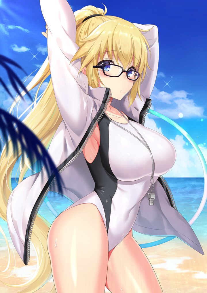 1girl arms_up azuki_yui beach blonde_hair breasts fate/grand_order fate_(series) glasses jacket jeanne_d'arc_(fate) jeanne_d'arc_(fate)_(all) large_breasts ocean one-piece_swimsuit ponytail swimsuit whistle zipper