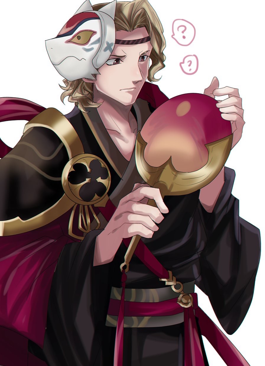 1boy blonde_hair fan fire_emblem fire_emblem_heroes fire_emblem_if highres holding holding_fan japanese_clothes marks_(fire_emblem_if) mask mask_on_head pauldrons red_eyes solo