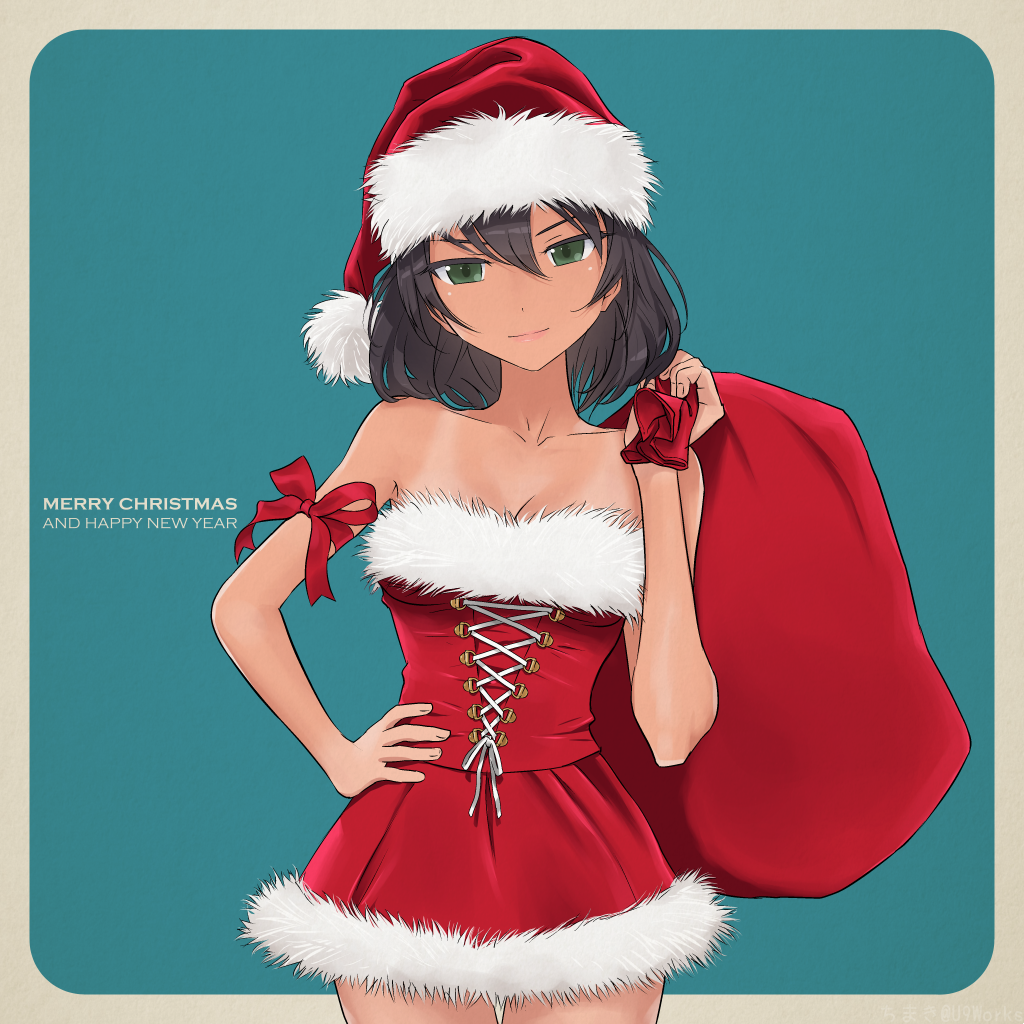 1girl akagi_(fmttps) armlet artist_name bad_id bad_twitter_id breasts breasts_outside brown_hair cleavage closed_mouth commentary cowboy_shot dark_skin dress english girls_und_panzer green_eyes hand_on_hip happy_new_year hat head_tilt holding hoshino_(girls_und_panzer) lace-up looking_at_viewer medium_breasts merry_christmas microdress new_year over_shoulder red_dress red_hat sack santa_costume santa_hat short_hair smile solo standing strapless strapless_dress tan tanline