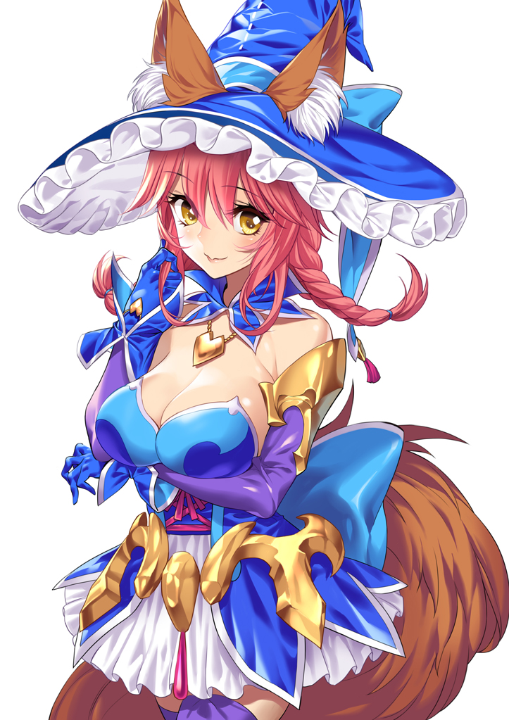 1girl alternate_costume animal_ears bangs blue_gloves blue_hat blush braid breasts brown_eyes cleavage closed_mouth commentary_request detached_collar detached_sleeves ears_through_headwear eyebrows_visible_through_hair fang fang_out fate/extra fate_(series) fox_ears fox_girl fox_tail gloves hair_between_eyes hand_up hat large_breasts long_hair long_sleeves low_twintails pink_hair purple_legwear skirt smile solo strapless tail tamamo_(fate)_(all) tamamo_no_mae_(fate) tangamja thigh-highs twin_braids twintails white_skirt witch_hat