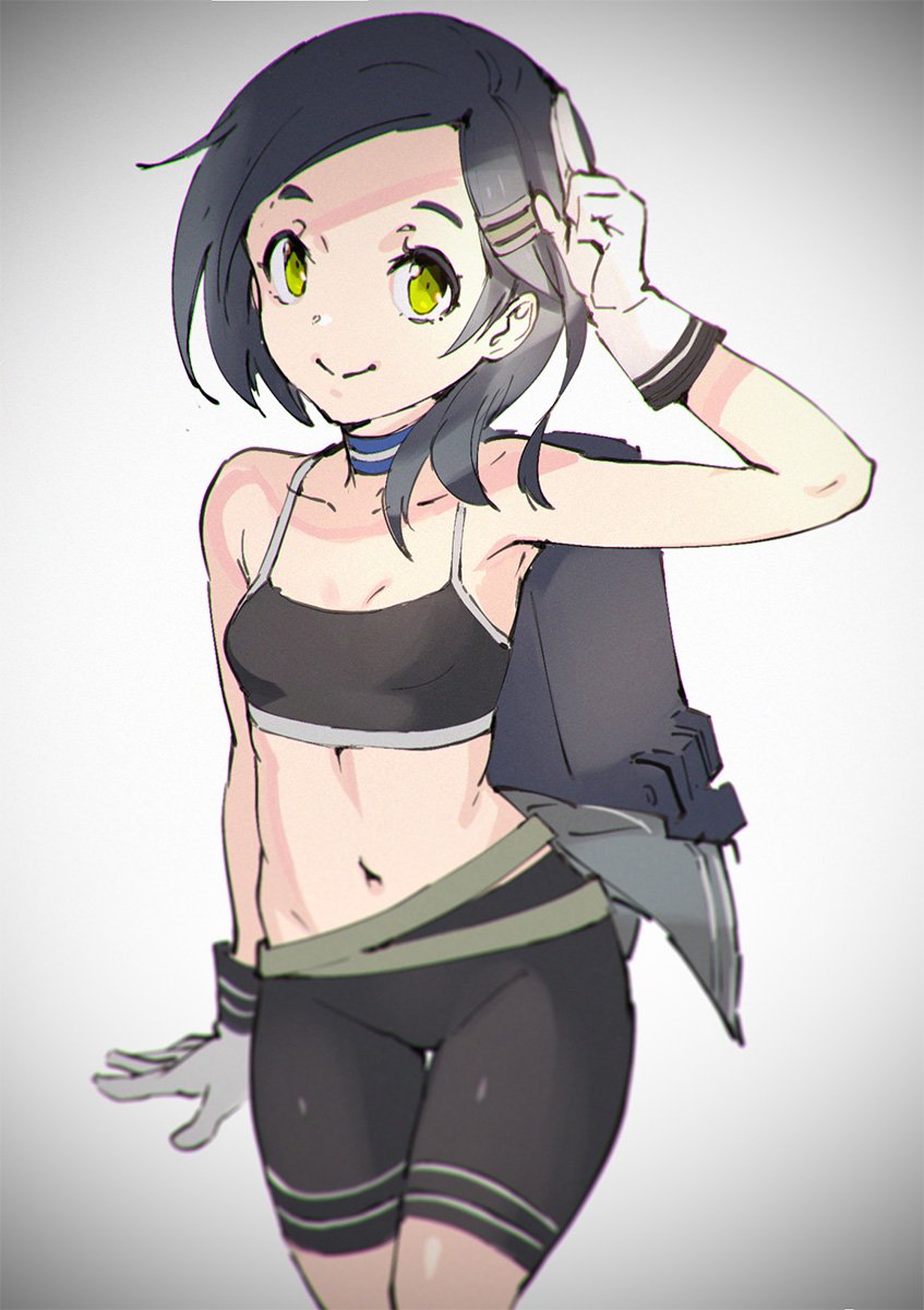 1girl bike_shorts black_hair black_shorts breasts closed_mouth gloves gradient gradient_background hair_ornament hairclip highres kantai_collection kuroshio_(kantai_collection) looking_at_viewer short_hair_with_long_locks shorts small_breasts smile solo tubakiharusame twitter_username white_gloves