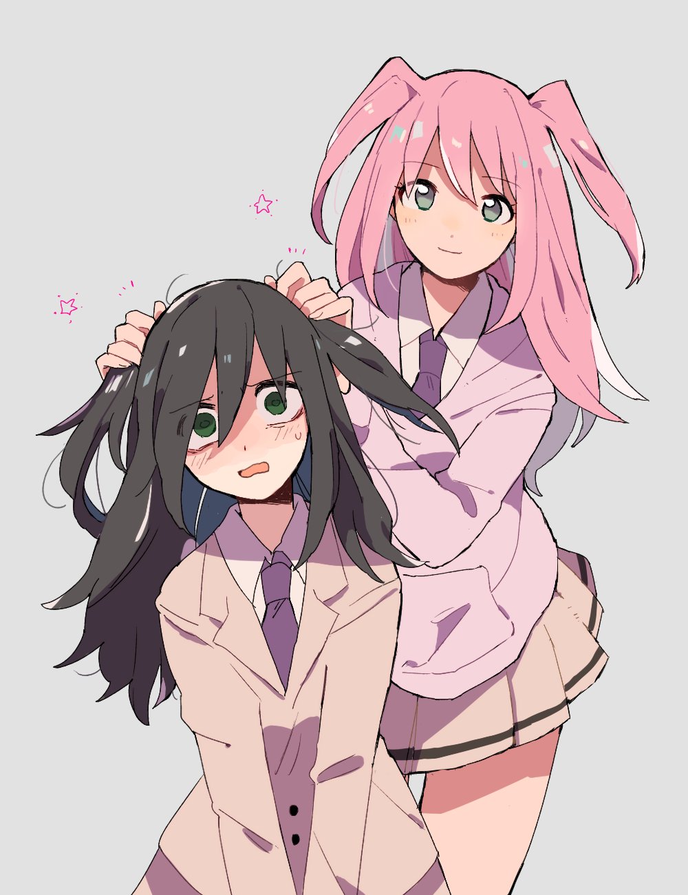 2girls adjusting_another's_hair alternate_hairstyle bags_under_eyes black_hair blazer bunching_hair collared_shirt commentary_request empty_eyes green_eyes grey_background highres hood hoodie jacket kuroki_tomoko light_smile long_hair looking_at_viewer matching_hairstyle multiple_girls nashi_(fudebaek) necktie nemoto_hina open_mouth pink_hair pink_hoodie pleated_skirt purple_neckwear school_uniform shirt simple_background skirt star sweatdrop two_side_up watashi_ga_motenai_no_wa_dou_kangaetemo_omaera_ga_warui! wavy_mouth