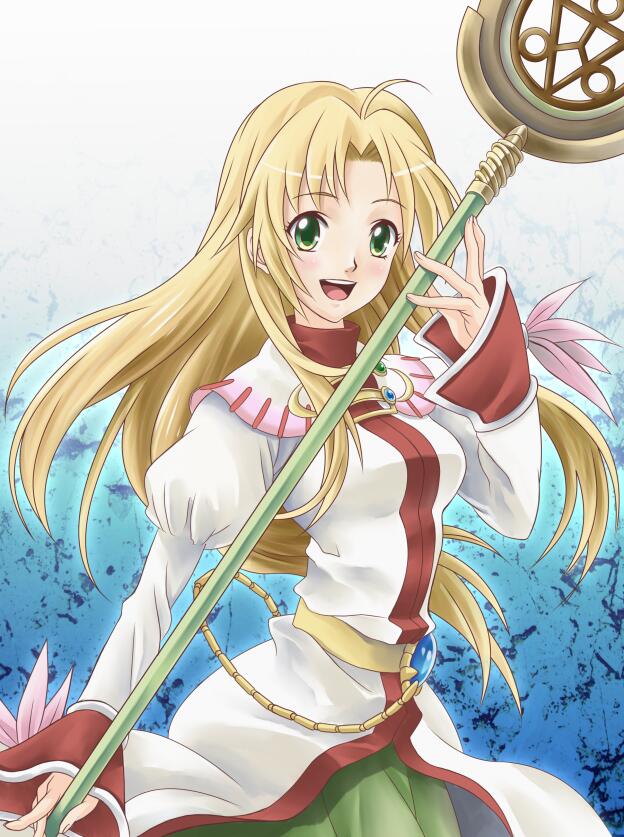 1girl ahoge blonde_hair breasts cecilia_lynne_adelhyde commentary_request dress holding holding_weapon link_(aa30) long_hair looking_at_viewer open_mouth smile solo standing very_long_hair wand weapon wild_arms wild_arms_1