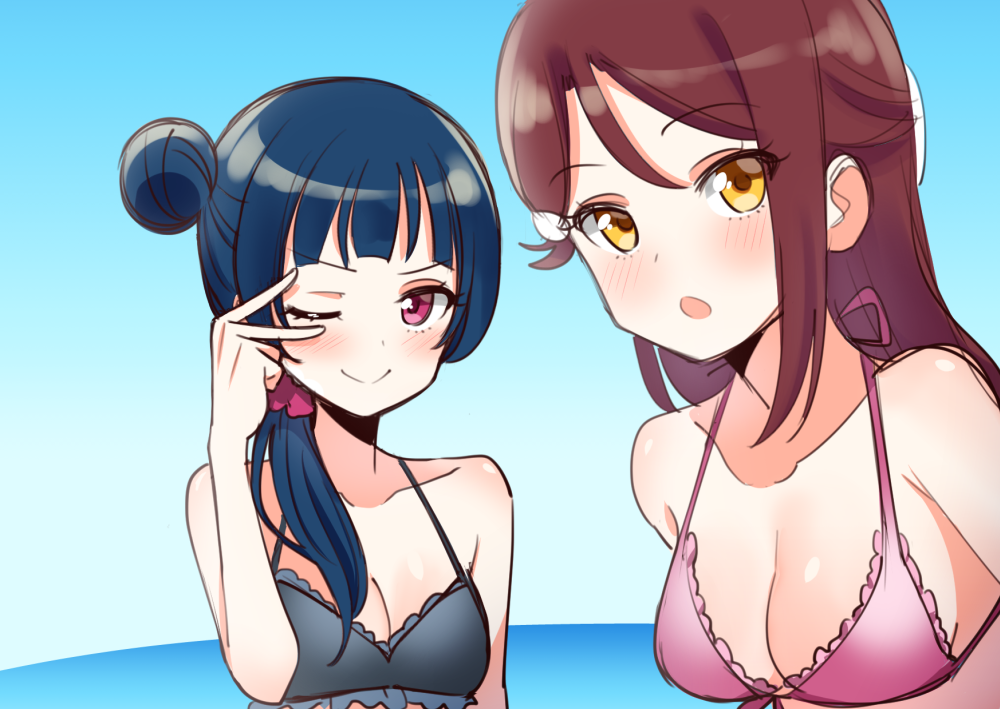 2girls ;) black_bikini_top blue_hair blue_sky blush breasts brown_hair cleavage collarbone day deadnooodles eyebrows_visible_through_hair hair_bun hair_ornament hair_over_shoulder hair_scrunchie halterneck long_hair looking_at_viewer love_live! love_live!_sunshine!! medium_breasts multiple_girls one_eye_closed open_mouth pink_bikini_top purple_scrunchie red_eyes sakurauchi_riko scrunchie shiny shiny_hair shiny_skin sideboob sky smile tsushima_yoshiko upper_body yellow_eyes