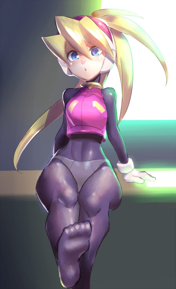 1girl :o arm_support bangs blonde_hair blue_eyes blush breasts ciel_(rockman) feet gloves hair_between_eyes head_tilt headgear high_ponytail long_hair looking_at_viewer panties_under_bodysuit ponytail rockman rockman_zero sitting skin_tight small_breasts solo spandex ukimukai white_gloves wide_hips