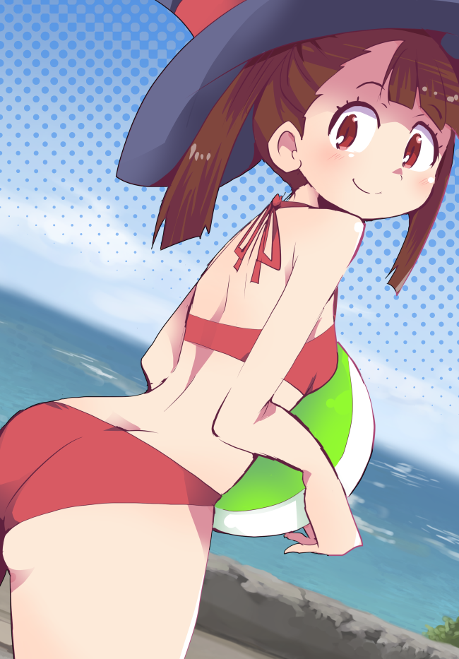 1girl ass beach bikini blush breasts brown_hair cute hat hys-d kagari_atsuko little_witch_academia looking_at_viewer looking_back red_bikini red_eyes small_breasts smile solo swimsuit twintails witch_hat