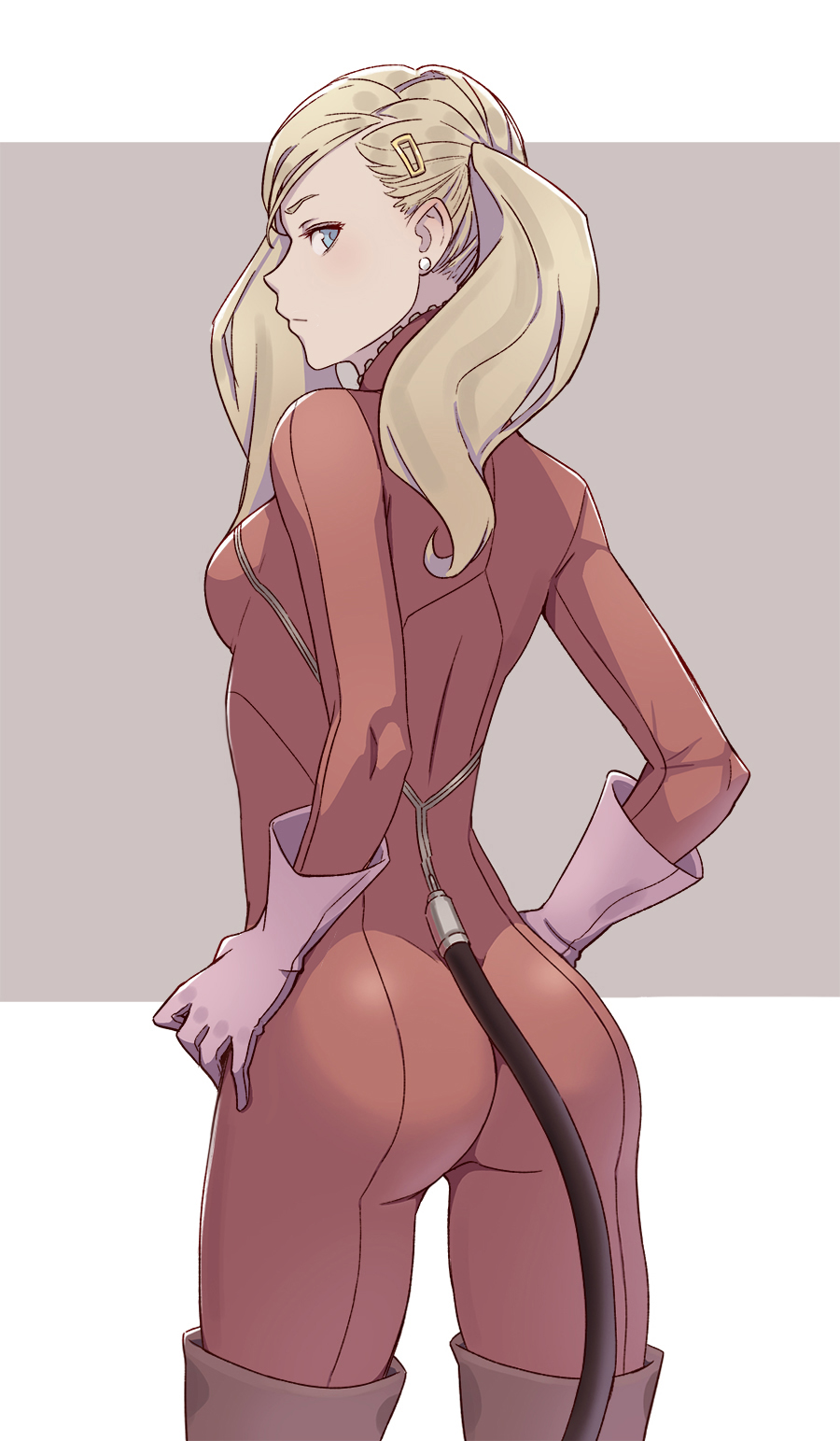 1girl ass blonde_hair blue_eyes blush bodysuit breasts cheshirrr closed_mouth cowboy_shot earrings fake_tail from_behind gloves hands_on_hips highres jewelry long_hair looking_at_viewer mask mask_removed medium_breasts persona persona_5 pink_gloves red_bodysuit red_legwear standing stud_earrings tail takamaki_anne twintails