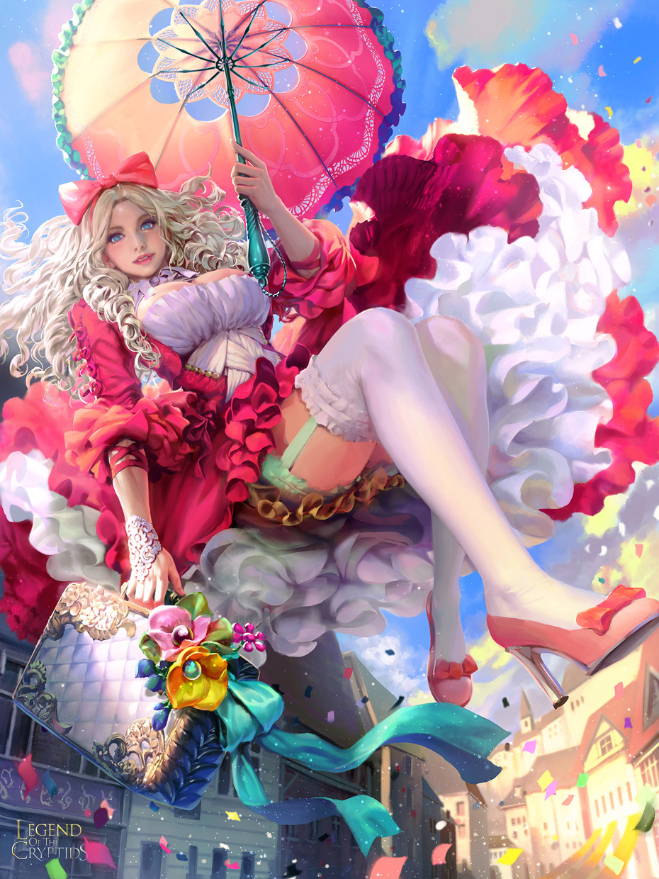 1girl bag blonde_hair blue_eyes bow breasts cleavage copyright_name drill_hair flower gloves high_heels highres legend_of_the_cryptids long_hair official_art parasol petals seunghee_lee sky teeth thigh-highs umbrella