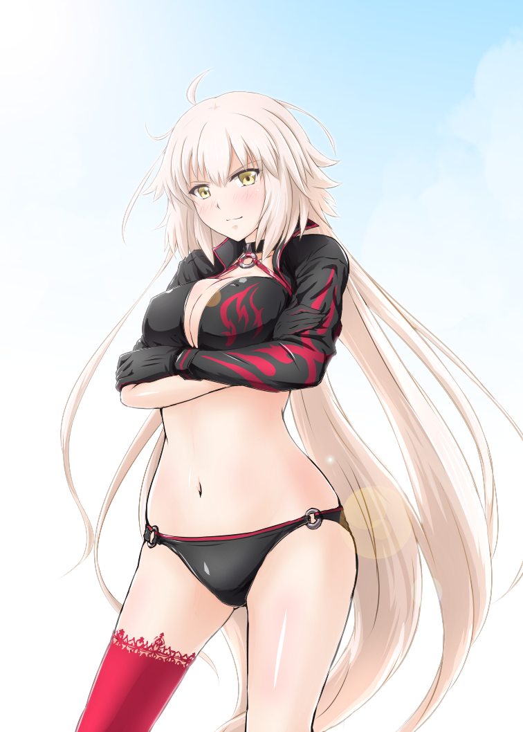 1girl asymmetrical_clothes bikini black_bikini black_jacket blonde_hair blush breasts choker cleavage crossed_arms diesel-turbo eyebrows_visible_through_hair fate/grand_order fate_(series) gloves gradient gradient_background jacket jeanne_d'arc_(alter_swimsuit_berserker) jeanne_d'arc_(fate)_(all) large_breasts long_hair looking_at_viewer o-ring single_glove single_thighhigh smile solo standing swimsuit thigh-highs yellow_eyes
