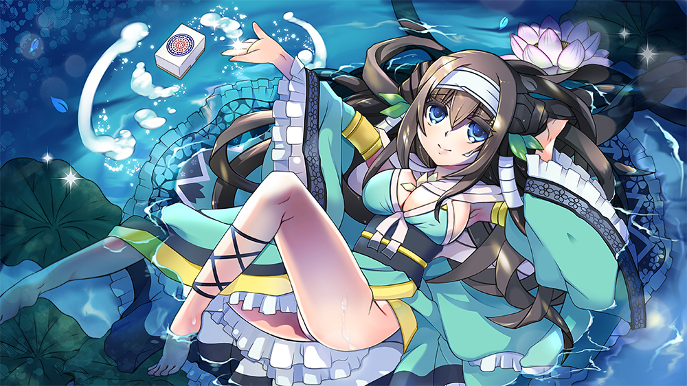 1girl barefoot blue_eyes breasts brown_hair choko_(kandatake) cleavage double_bun flower hair_between_eyes hair_ornament hairband in_water japanese_clothes large_breasts leaf_hair_ornament lily_pad long_hair looking_at_viewer lying mahjong mahjong_tile on_back outstretched_arm panties rinne_(sennen_sensou_aigis) sennen_sensou_aigis solo underwear very_long_hair water white_hairband white_panties wide_sleeves