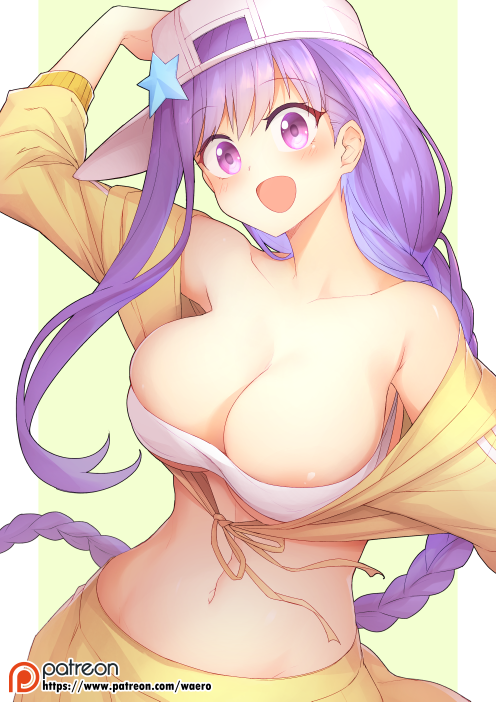 1girl :d arm_up bandeau bare_shoulders bb_(fate/extra_ccc) braid breasts chinese_commentary collarbone commentary_request eyebrows_visible_through_hair fate/grand_order fate_(series) flat_cap hat large_breasts long_hair navel open_mouth patreon_logo patreon_username purple_hair revision sideways_hat simple_background smile solo star stomach upper_body very_long_hair violet_eyes waero white_hat