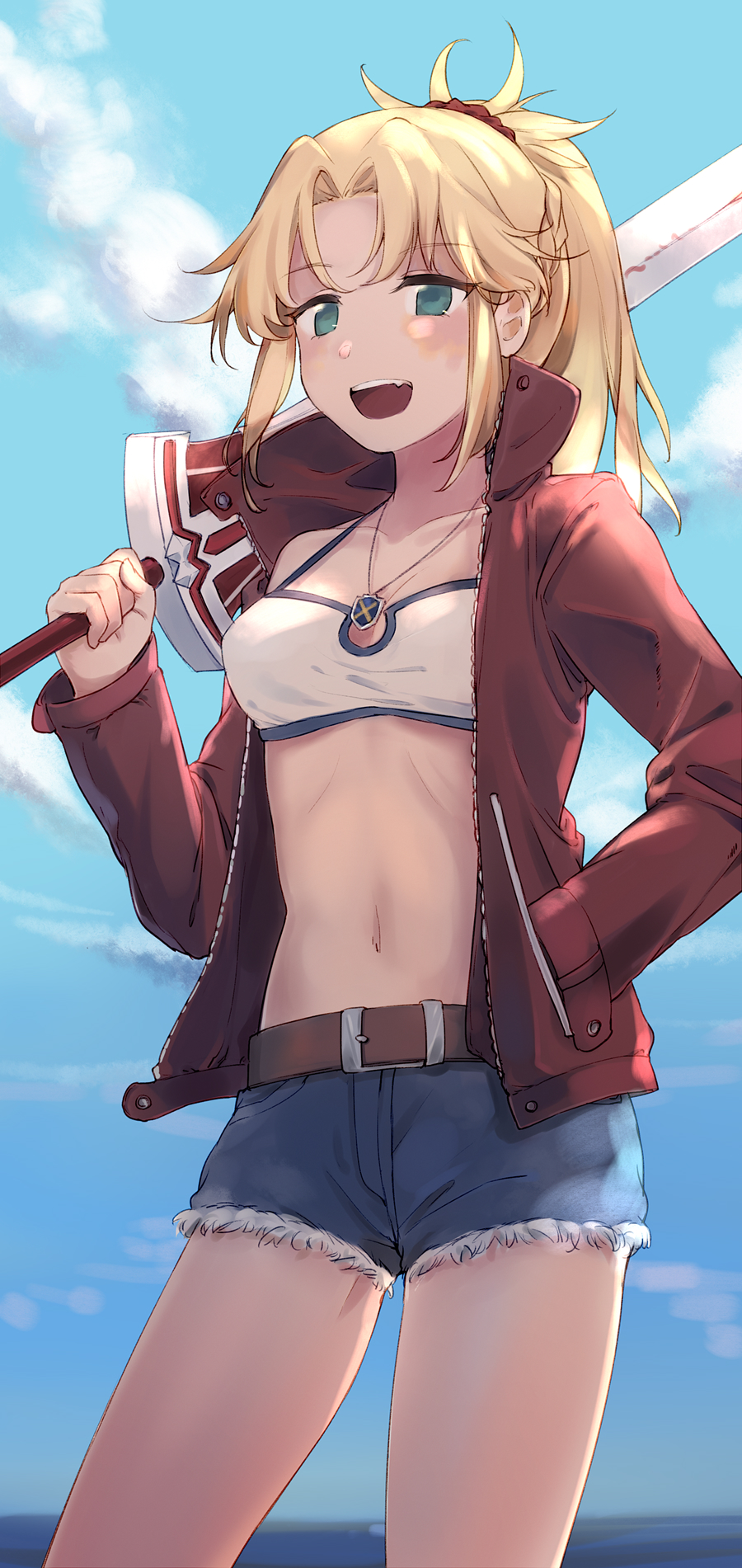 1girl :d belt blonde_hair blue_shorts blue_sky breasts cleavage clouds cowboy_shot denim denim_shorts eyebrows_visible_through_hair fate/extra fate_(series) green_eyes hair_between_eyes hair_ornament hair_scrunchie hand_in_pocket highres holding holding_sword holding_weapon jacket jewelry long_hair mordred_(fate) mordred_(fate)_(all) navel necklace open_clothes open_jacket open_mouth ponytail red_jacket red_scrunchie scrunchie short_shorts shorts sky small_breasts smile solo standing sword weapon yorktown_cv-5
