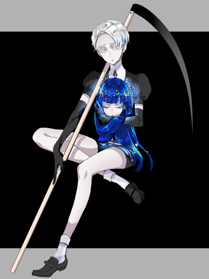 1other androgynous blue_hair cairngorm_(houseki_no_kuni) chiyo_(rotsurechiriha) colored_eyelashes crystal_hair disembodied_head elbow_gloves frown gem_uniform_(houseki_no_kuni) gloves glowing glowing_hair grey_eyes houseki_no_kuni lapis_lazuli_(houseki_no_kuni) long_hair looking_at_viewer necktie scythe short_hair silver_hair sitting spoilers white_eyes white_hair