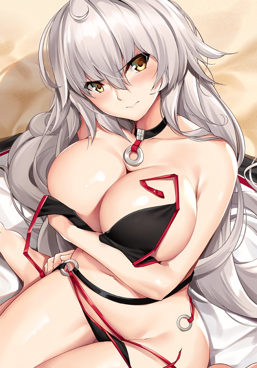 1girl ahoge arm_across_chest bangs beach bikini black_bikini black_jacket blush breasts choker cleavage collarbone day eyebrows_visible_through_hair fate/grand_order fate_(series) groin hair_between_eyes hand_on_hip highres jacket jacket_removed jeanne_d'arc_(alter_swimsuit_berserker) large_breasts long_hair looking_at_viewer navel o-ring outdoors sand sidelocks sitting solo swimsuit thighs tony_guisado untied untied_bikini very_long_hair wariza yellow_eyes