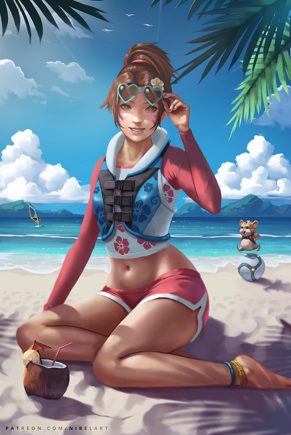 1girl alternate_costume anklet barefoot beach bikini_shorts bird blue-framed_eyewear blue_sky boat brown_eyes brown_hair clouds coconut d.va_(overwatch) day drinking_straw eyewear_on_head facepaint facial_mark feet fingernails floral_print flower full_body hair_flower hair_ornament hair_up hammond_(overwatch) hamster heart heart-shaped_eyewear hibiscus_print high_ponytail highres jewelry lips long_sleeves looking_at_viewer midriff mountain nail_polish navel nibelart nose ocean outdoors overwatch palm_tree parted_lips pink_lips pink_nails pink_shirt pink_shorts rash_guard sailboat sand seagull shade shirt short_shorts shorts siting skin_tight sky smile summer sunglasses tree tree_branch vest water watercraft watermark waveracer_d.va web_address whisker_markings