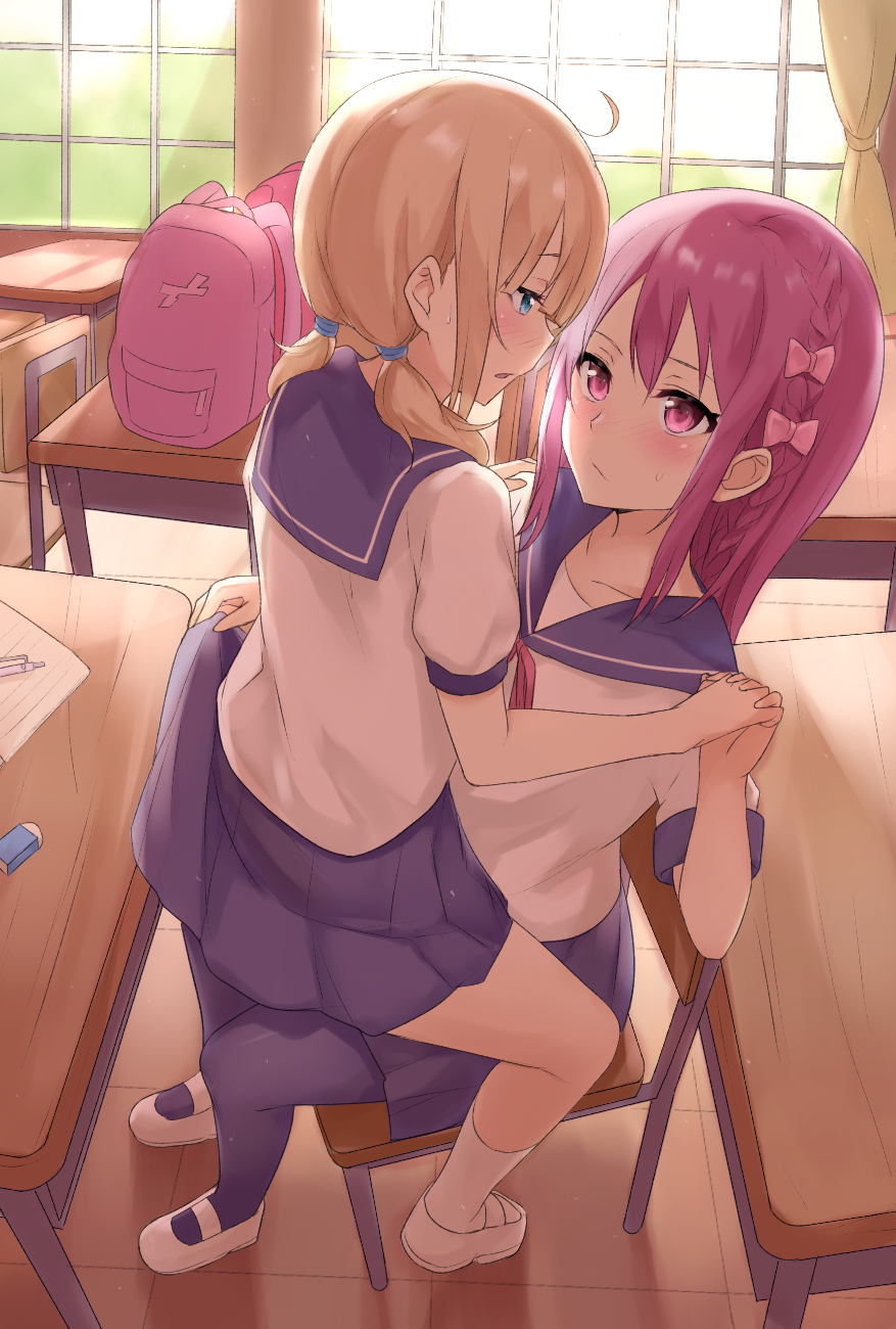 2girls backpack bag bangs blue_eyes blue_legwear blue_sailor_collar blue_skirt blush bow braid chair closed_mouth collarbone commentary_request day desk eraser eye_contact eyebrows_visible_through_hair hair_between_eyes hair_bow hand_holding hand_on_another's_shoulder highres ichijou_(kr_neru0) indoors interlocked_fingers light_brown_hair long_hair looking_at_another multiple_girls on_chair original pantyhose paper parted_lips pink_bow pink_ribbon pleated_skirt profile puffy_short_sleeves puffy_sleeves purple_hair ribbon sailor_collar school_chair school_desk school_uniform serafuku shirt shoes short_sleeves sitting sitting_on_lap sitting_on_person skirt socks sweat tile_floor tiles uwabaki violet_eyes white_footwear white_legwear white_shirt window yuri