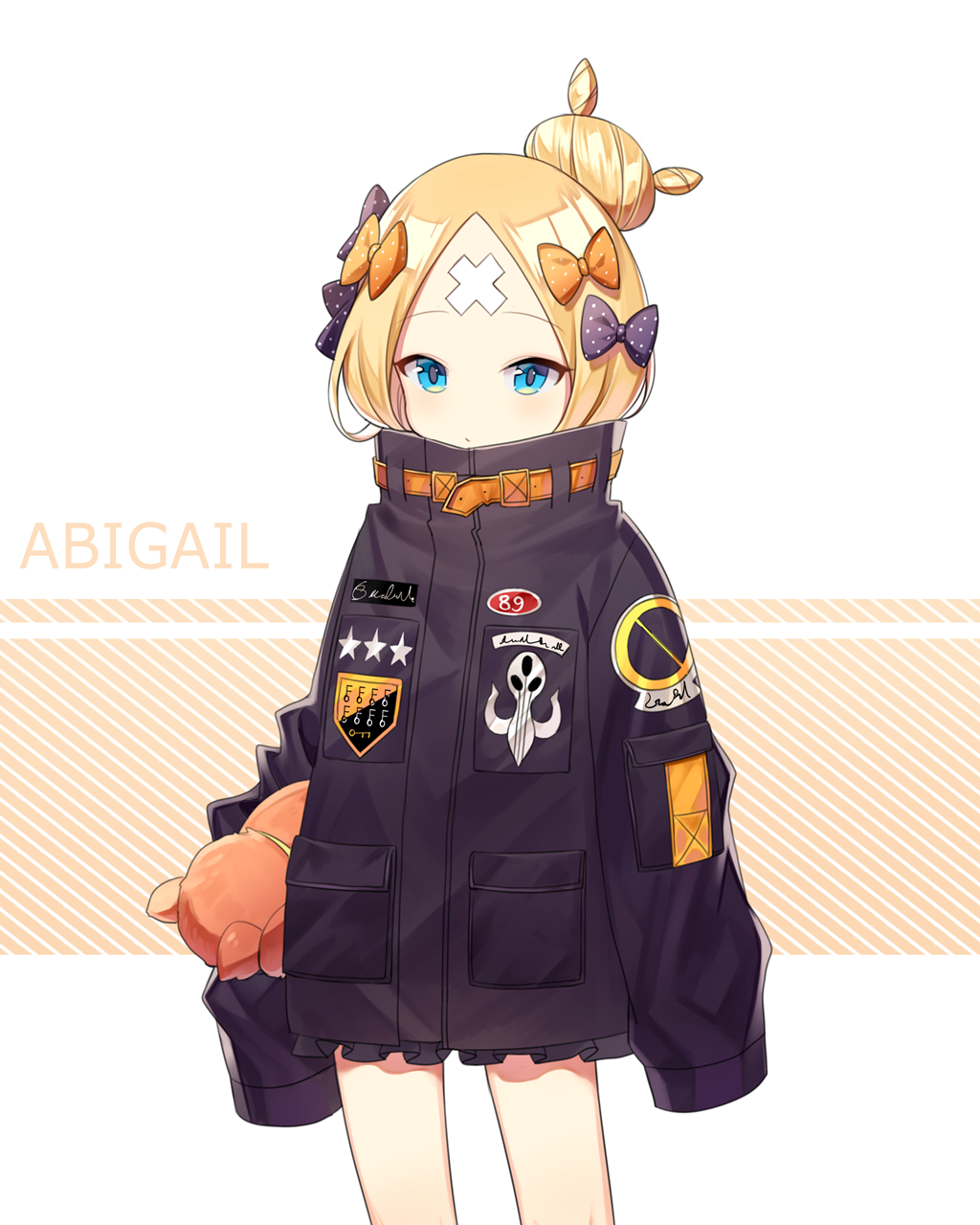 1girl abigail_williams_(fate/grand_order) bangs black_bow black_jacket blonde_hair blue_eyes bow character_name commentary_request fate/grand_order fate_(series) hair_bow hair_bun highres jacket key long_hair long_sleeves object_hug orange_bow parted_bangs polka_dot polka_dot_bow sal sleeves_past_fingers sleeves_past_wrists solo star stuffed_animal stuffed_toy teddy_bear