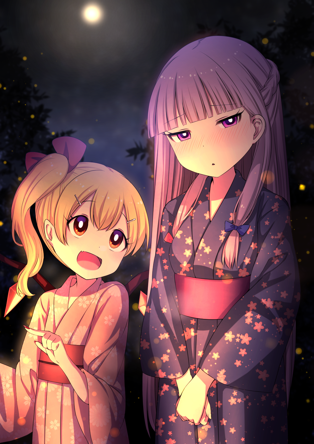 2girls alternate_hairstyle bangs blonde_hair blue_bow blunt_bangs blush bow braid commentary_request fingernails flandre_scarlet glowing height_difference highres japanese_clothes kimono light_particles long_hair moon multiple_girls nail_polish night night_sky no_hat no_headwear open_mouth own_hands_together patchouli_knowledge purple_hair red_bow red_eyes sharp_fingernails sky smile touhou tsukimirin violet_eyes wings yukata