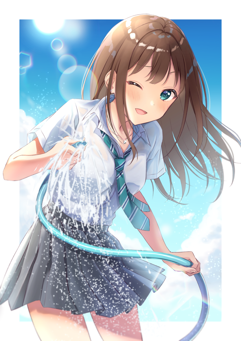 1girl anoa aqua_eyes black_skirt blue_sky blush brown_hair clouds commentary_request eyebrows_visible_through_hair green_neckwear hose idolmaster idolmaster_cinderella_girls jewelry long_hair looking_at_viewer necklace necktie one_eye_closed open_mouth pleated_skirt shibuya_rin skirt sky solo striped_neckwear sun sun_light water