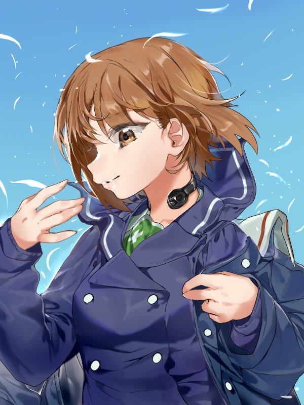 1girl bangs blue_background blue_coat blue_jacket brown_eyes brown_hair closed_mouth feathers girls_und_panzer jacket long_sleeves looking_to_the_side nishizumi_miho ooarai_military_uniform ooarai_school_uniform sailor_collar school_uniform short_hair smile solo standing throat_microphone upper_body veerinly wind winter_uniform