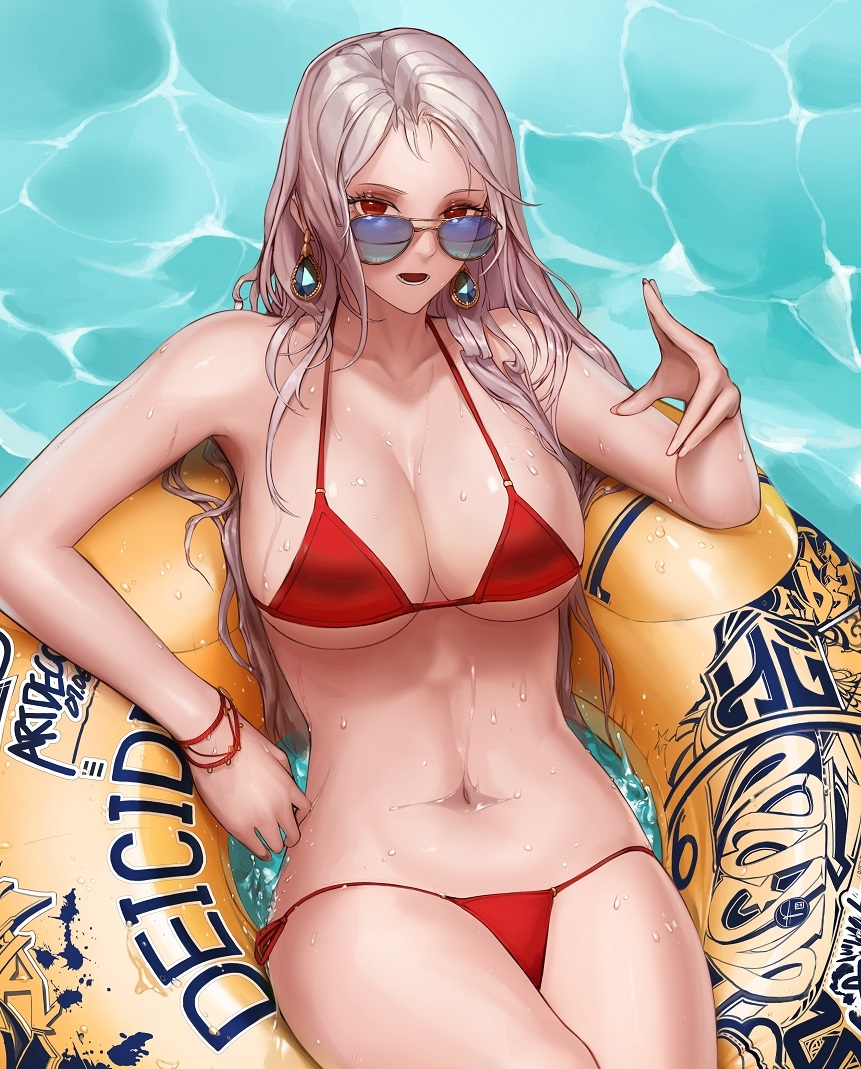 1girl aviator_sunglasses bikini bracelet breasts character_request cleavage dungeon_and_fighter earrings innertube jewelry large_breasts legs_together light_brown_hair long_hair looking_at_viewer looking_over_glasses lying monaim navel on_back open_mouth red_bikini red_eyes side-tie_bikini side-tie_bottom solo sunglasses swimsuit water wet