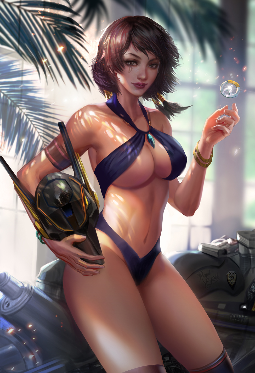 1girl alternate_costume alternate_hair_length alternate_hairstyle anubis_pharah armband badge black_hair blue_swimsuit bracelet breasts cleavage commentary criss-cross_halter dappled_sunlight dark_skin english_commentary eye_of_horus facial_tattoo fern gem ground_vehicle hair_tubes halterneck headwear_removed helmet helmet_removed highres holding holding_helmet jewelry large_breasts lips motor_vehicle motorcycle necklace over-kneehighs overwatch overwatch_(logo) pharah_(overwatch) short_hair solo sunlight swimsuit tattoo thigh-highs yang_fan