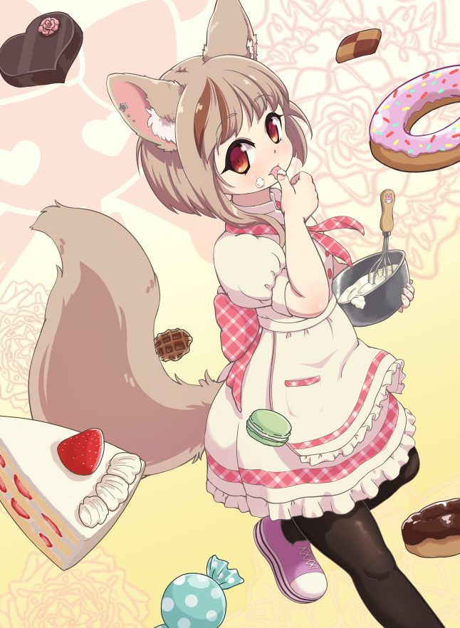 1girl animal_ears apron black_legwear bowl box brown_hair cake candy chocolate_icing commentary_request cookie cream doughnut dress fennery_(show_by_rock!!) finger_licking food fox_ears fox_tail frilled_dress frills fruit heart-shaped_box icing licking light_brown_hair pantyhose pink_footwear puffy_short_sleeves puffy_sleeves short_hair short_sleeves show_by_rock!! slice_of_cake strawberry tail tongue tongue_out wafer whisk yude_unagi