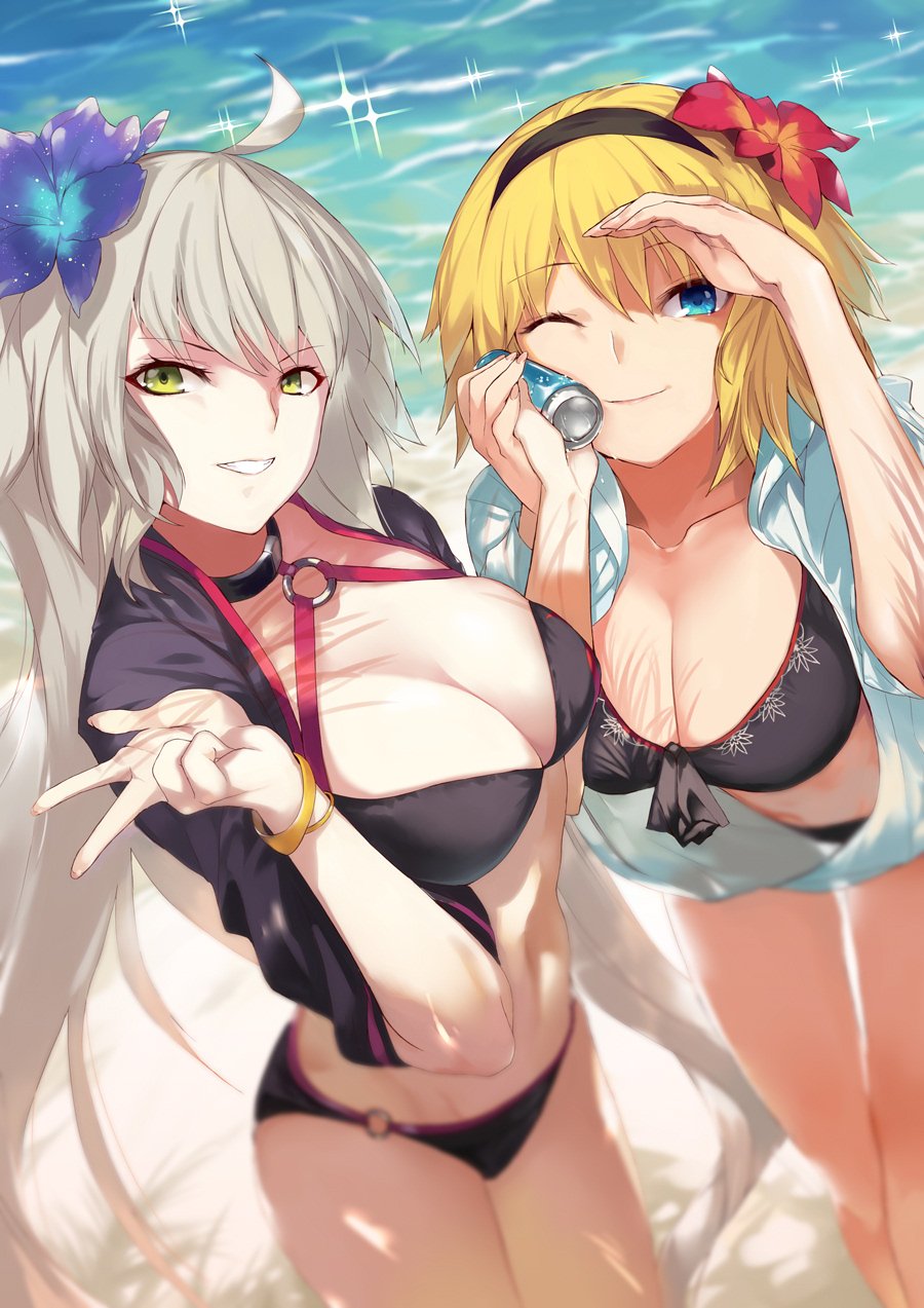2girls ahoge bikini black_bikini black_hairband black_jacket blonde_hair blue_eyes breasts can cleavage commentary_request fate/grand_order fate_(series) flower green_eyes grey_hair hair_flower hair_ornament hairband hands_together highres holding holding_can hood hoodie jacket jeanne_d'arc_(alter_swimsuit_berserker) jeanne_d'arc_(fate)_(all) jeanne_d'arc_(swimsuit_archer) long_hair looking_at_viewer multiple_girls ocean ohland one_eye_closed smile standing swimsuit v very_long_hair
