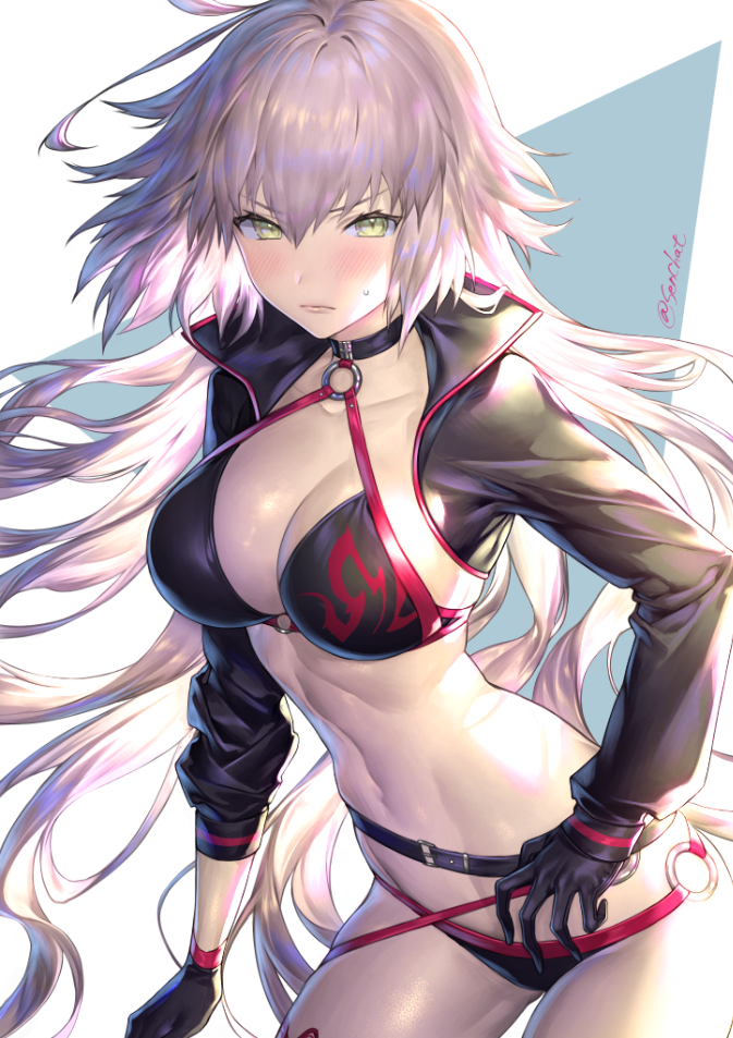 1girl bangs belt bikini black_bikini black_gloves black_jacket blush breasts choker cleavage closed_mouth collarbone cropped_jacket fate/grand_order fate_(series) gloves hips jacket jeanne_d'arc_(alter_swimsuit_berserker) jeanne_d'arc_(fate)_(all) large_breasts long_hair looking_at_viewer navel o-ring o-ring_bottom o-ring_top senchat silver_hair skindentation solo swimsuit very_long_hair waist yellow_eyes