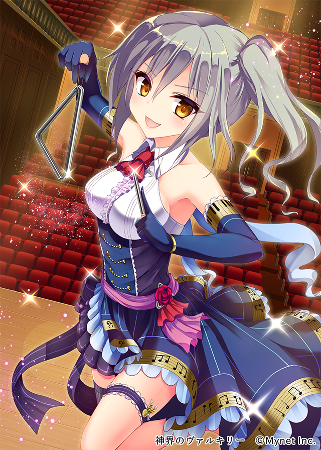 1girl :d bare_shoulders bass_clef beamed_eighth_notes blue_gloves blue_ribbon breasts brown_eyes chair elbow_gloves glint gloves indoors instrument legband medium_breasts medium_hair musical_note musical_note_print natsumi official_art open_mouth quarter_note red_neckwear ribbon shinkai_no_valkyrie side_ponytail silver_hair smile solo sparkle stage standing theater triangle_(instrument)