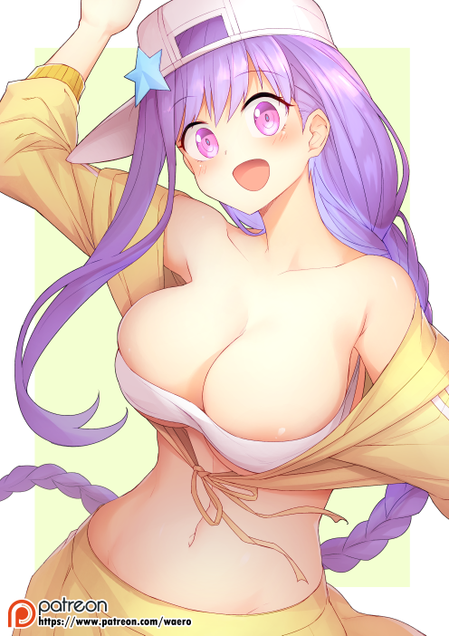 1girl :d arm_up bandeau bare_shoulders bb_(fate/extra_ccc) braid breasts chinese_commentary collarbone commentary_request eyebrows_visible_through_hair fate/grand_order fate_(series) flat_cap hat large_breasts long_hair navel nishino_(waero) open_mouth patreon_logo patreon_username revision sideways_hat simple_background smile solo star stomach upper_body very_long_hair violet_eyes white_hat