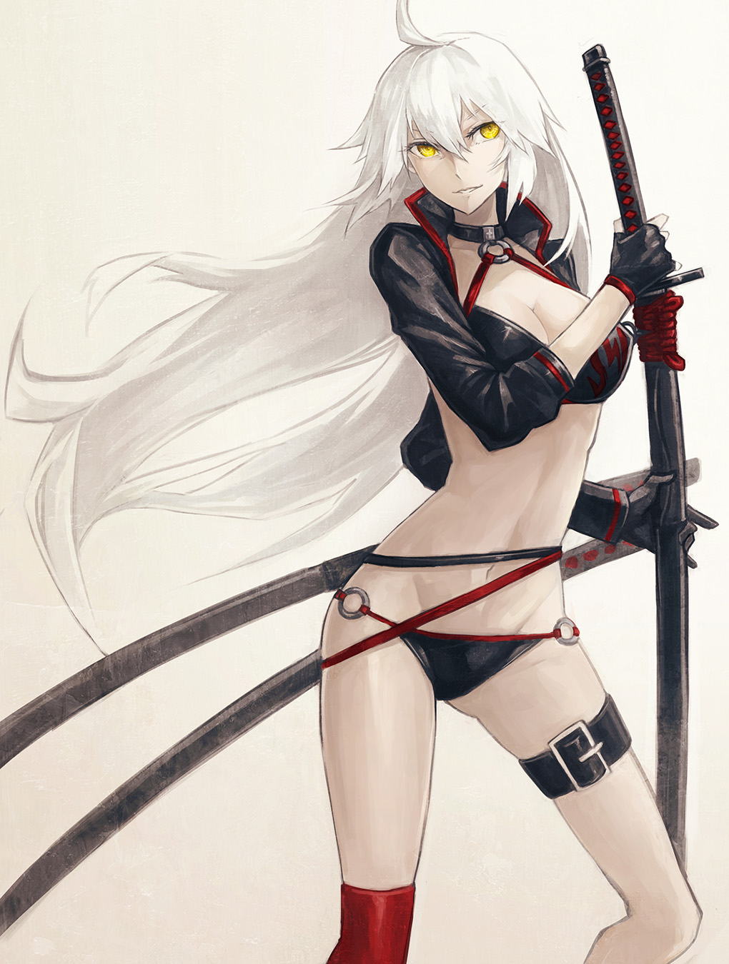 1girl a-er_(akkij0358) ahoge bangs bikini black_bikini black_jacket breasts choker cleavage collarbone commentary_request eyebrows_visible_through_hair fate/grand_order fate_(series) gloves hair_between_eyes highres holding holding_sword holding_weapon jacket jeanne_d'arc_(alter_swimsuit_berserker) jeanne_d'arc_(fate)_(all) large_breasts long_hair looking_at_viewer o-ring sheath sheathed simple_background smile solo swimsuit sword tan_background thigh_strap weapon yellow_eyes