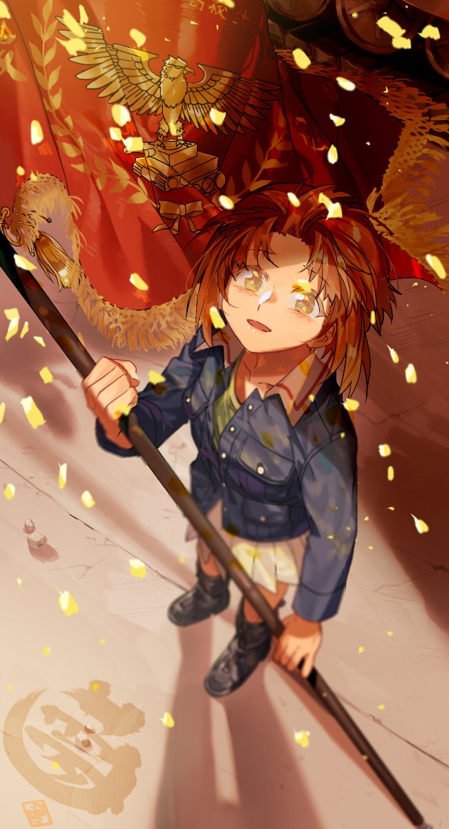 1girl artist_name bangs bird black_footwear blue_jacket blurry blurry_background boots branch brown_eyes brown_hair commentary confetti depth_of_field dirty_clothes eagle flag flower fringe girls_und_panzer green_shirt ground_vehicle highres holding holding_flag jacket long_sleeves looking_up military military_uniform military_vehicle miniskirt motor_vehicle nishizumi_miho ooarai_military_uniform open_mouth pleated_skirt red_flower shadow shirt short_hair signature skirt smile solo standing tank unbuttoned uniform veerinly watermark white_skirt wind