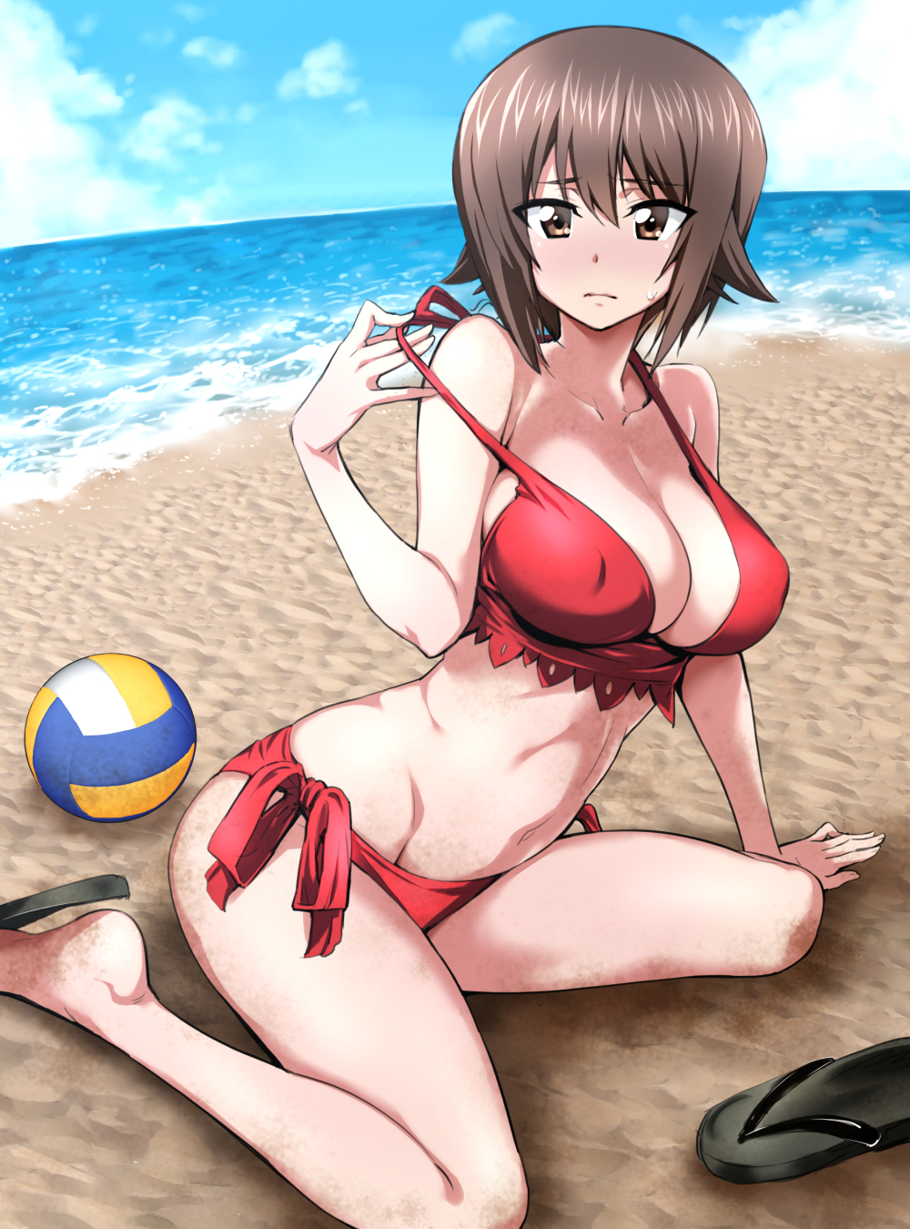 1girl bangs bare_shoulders beach bikini blush breasts brown_eyes brown_hair cleavage clouds collarbone covered_nipples eyebrows_visible_through_hair flip-flops footwear_removed frown girls_und_panzer hair_between_eyes highres horizon large_breasts nakahira_guy navel nishizumi_maho ocean red_bikini sand sandals shiny shiny_hair short_hair side-tie_bikini sitting sky solo strap_gap strap_pull sweatdrop swimsuit volleyball water