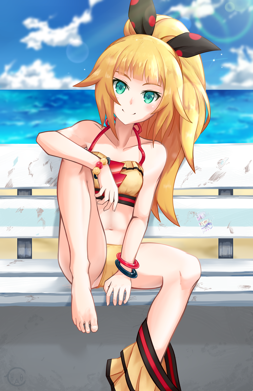 1girl barefoot bead_bracelet beads blonde_hair bracelet breasts chaoschao dengekiko eyebrows_visible_through_hair feet green_eyes highres jewelry long_hair looking_at_viewer navel neptune_(series) ponytail sidelocks sitting small_breasts smile solo swimsuit toes
