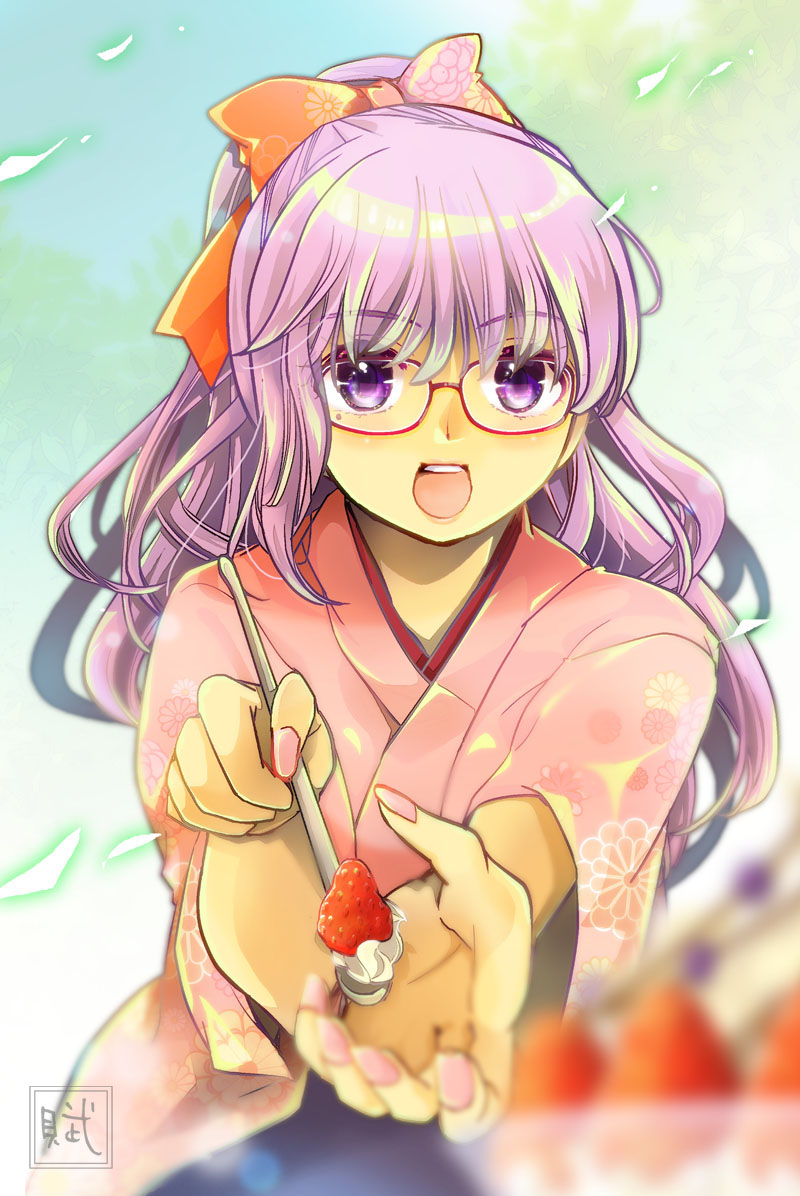 105mitsugi 1girl alternate_costume alternate_hairstyle blue_background blush bow breasts cake eyebrows_visible_through_hair food fruit gintama glasses hair_bow high_ponytail holding holding_spoon japanese_clothes kimono long_hair open_mouth orange_bow ponytail purple_hair red-framed_eyewear sarutobi_ayame solo spoon strawberry strawberry_shortcake violet_eyes