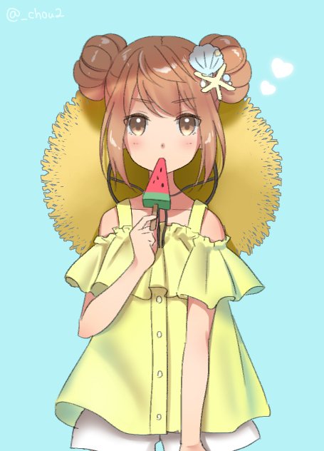 blue_background blush brown_eyes brown_hair chou2 eating eyebrows_visible_through_hair food hair_ornament hat heart ice_cream kantai_collection long_hair looking_at_viewer michishio_(kantai_collection) shirt short_shorts shorts simple_background straw_hat twitter_username white_shorts yellow_shirt