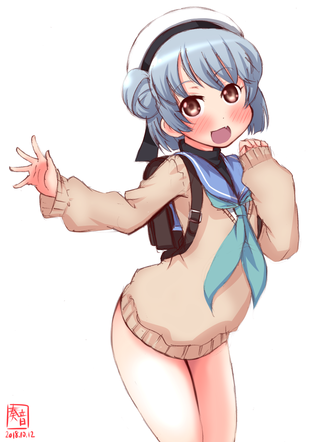 1girl alternate_costume aqua_neckwear artist_logo backpack bag blue_hair blue_sailor_collar blush brown_eyes brown_sweater cardigan dated dixie_cup_hat double_bun flat_chest hat highres kanon_(kurogane_knights) kantai_collection long_sleeves looking_at_viewer military_hat neckerchief no_pants open_mouth randoseru sailor_collar samuel_b._roberts_(kantai_collection) school_uniform serafuku shirt short_hair signature smile solo sweater white_background white_hat