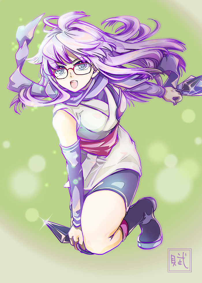 105mitsugi 1girl bare_shoulders black_footwear breasts commentary_request detached_sleeves full_body gintama glasses green_background japanese_clothes kunai long_hair mole mole_under_eye ninja open_mouth purple_hair purple_scarf red-framed_eyewear sarutobi_ayame scarf solo weapon