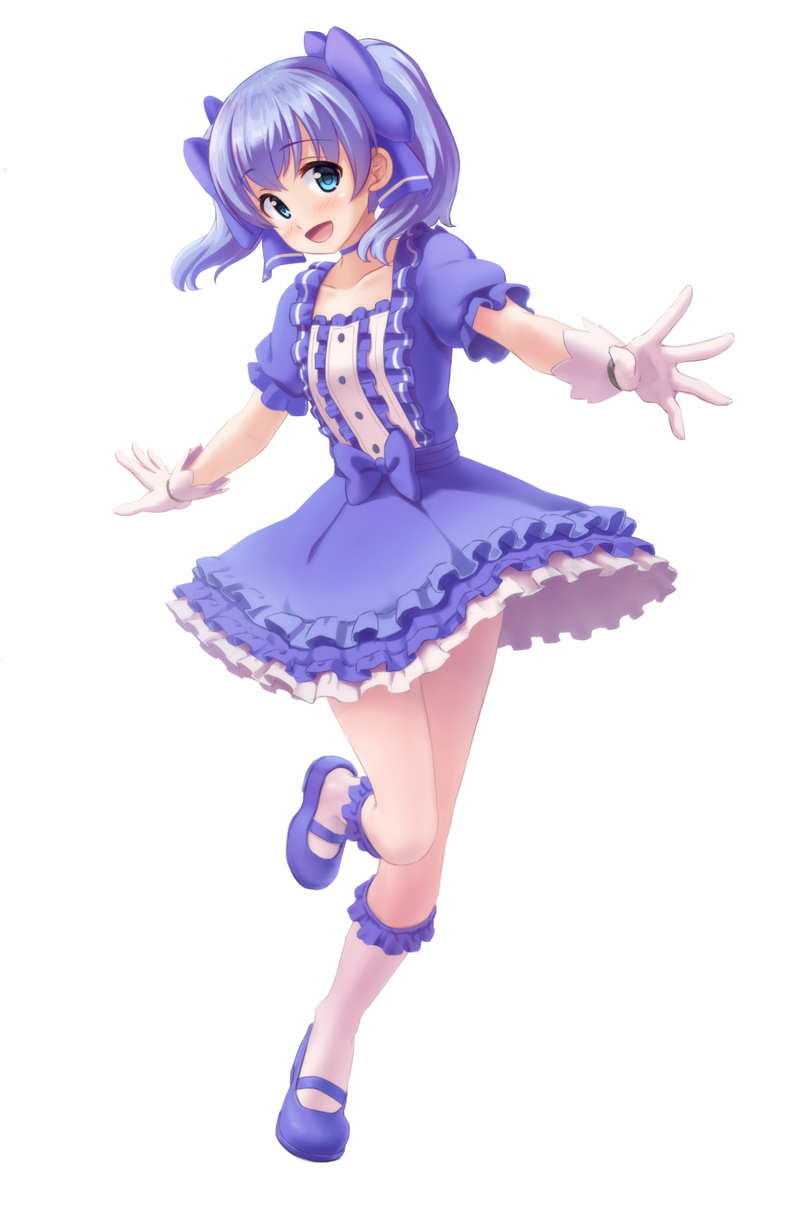 1girl :d bangs blue_eyes blue_hair blush bow choker collarbone dress eyebrows_visible_through_hair frilled_legwear full_body gloves hair_bow highres kneehighs layered_dress long_hair looking_at_viewer mary_janes nijisanji purple_bow purple_choker purple_dress purple_footwear sakurano_yukke shiny shiny_hair shoes short_dress short_sleeves simple_background smile solo standing twintails virtual_youtuber white_background white_gloves white_legwear yuuki_chihiro